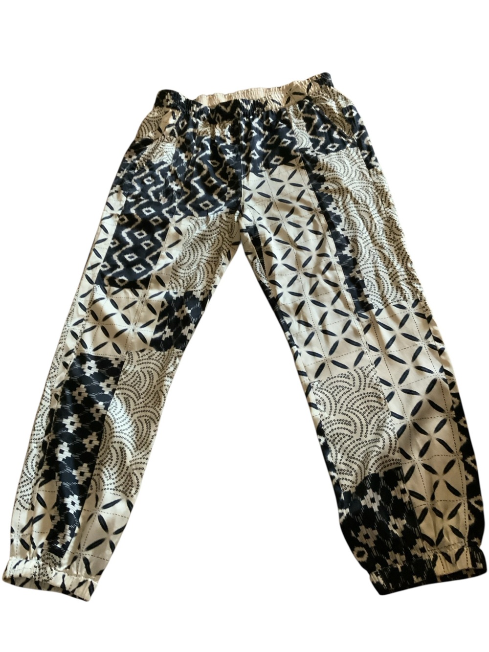 Johnny Was Marasusa Silk Pants Women Black-White Patchwork Joggers MEDIUM